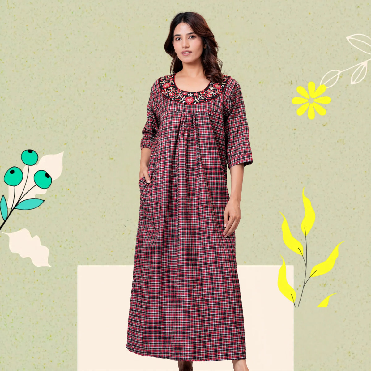 Woman wearing HARGUN brown cots wool winter nightgown with full sleeves.