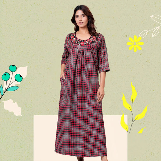 Woman wearing HARGUN brown cots wool winter nightgown with full sleeves.