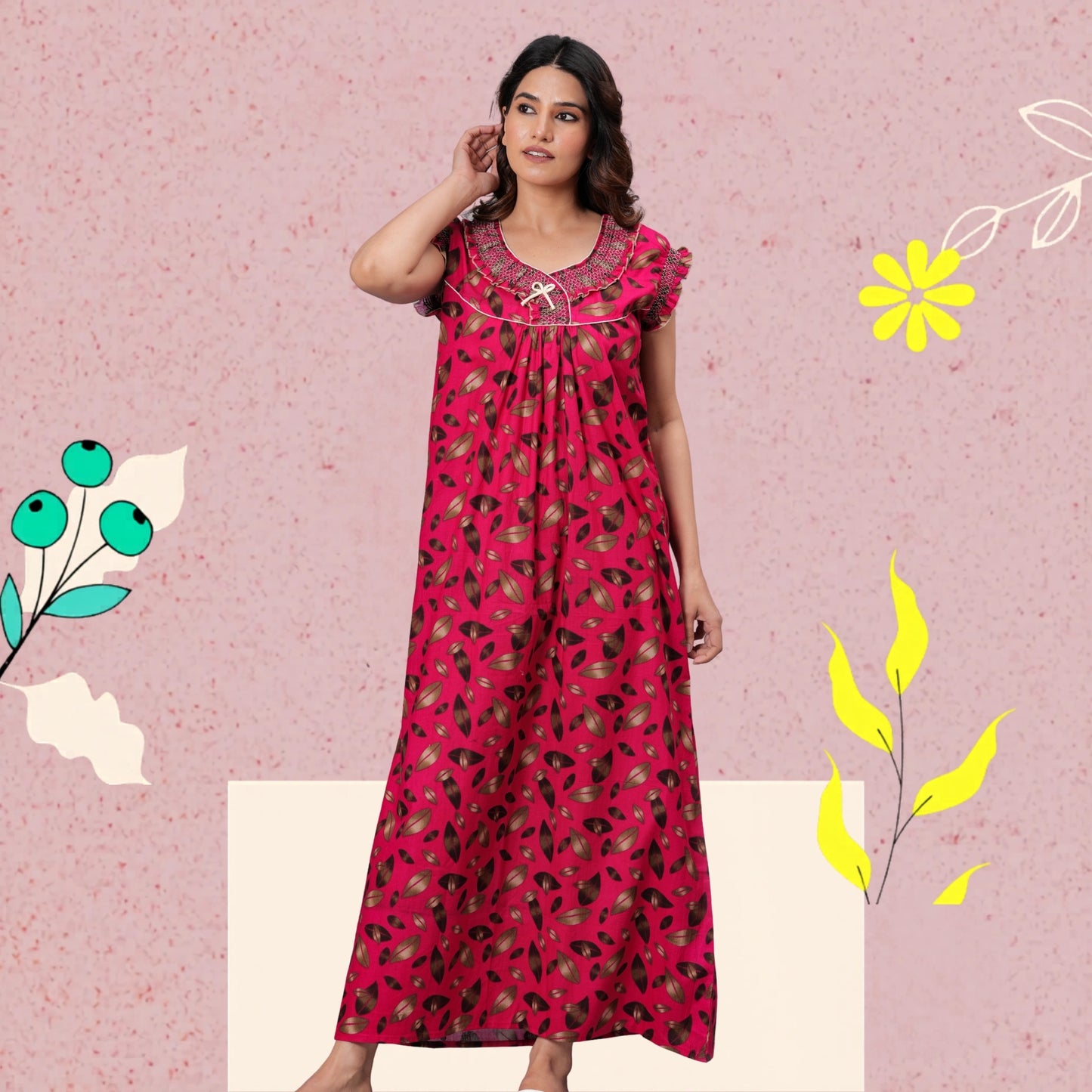 HARGUN NIGHT WEAR Women's Elegant Cotton Nightgown with Pocket & Embroidered Neck Design (Raani Pink, Free Size)