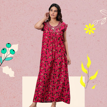 HARGUN NIGHT WEAR Women's Elegant Cotton Nightgown with Pocket & Embroidered Neck Design (Raani Pink, Free Size)