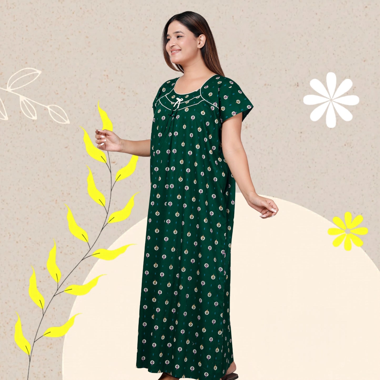 Women’s Pure Cotton Maxi Nighty – Soft Printed Night Dress for Daily Comfort (Green)