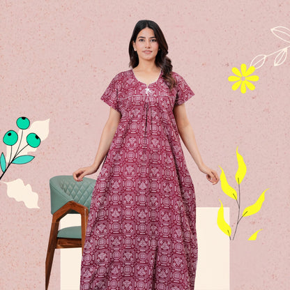 Women's Cotton Maxi Nighty, Geometric Print, Short Sleeve, Full Length Night Dress (MEGENTA, XL)