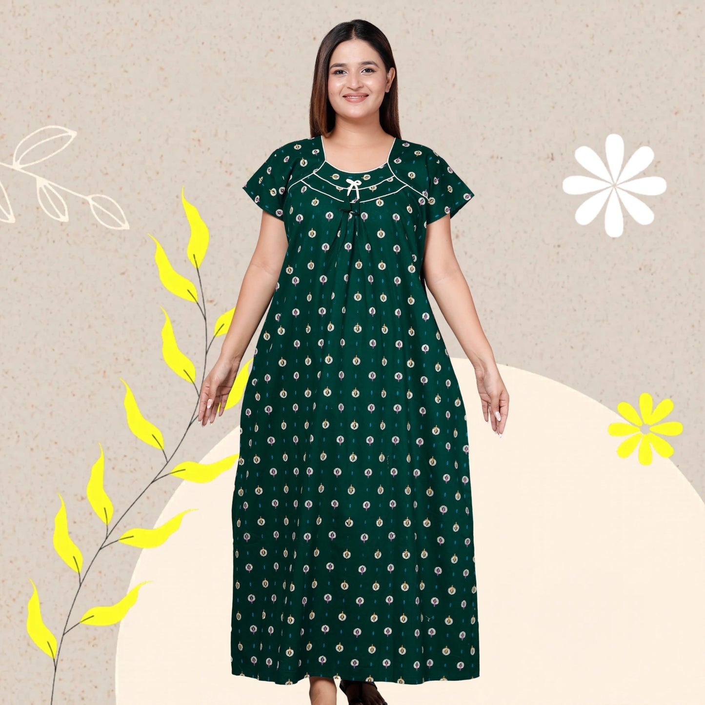 Women’s Pure Cotton Maxi Nighty – Soft Printed Night Dress for Daily Comfort (Green)