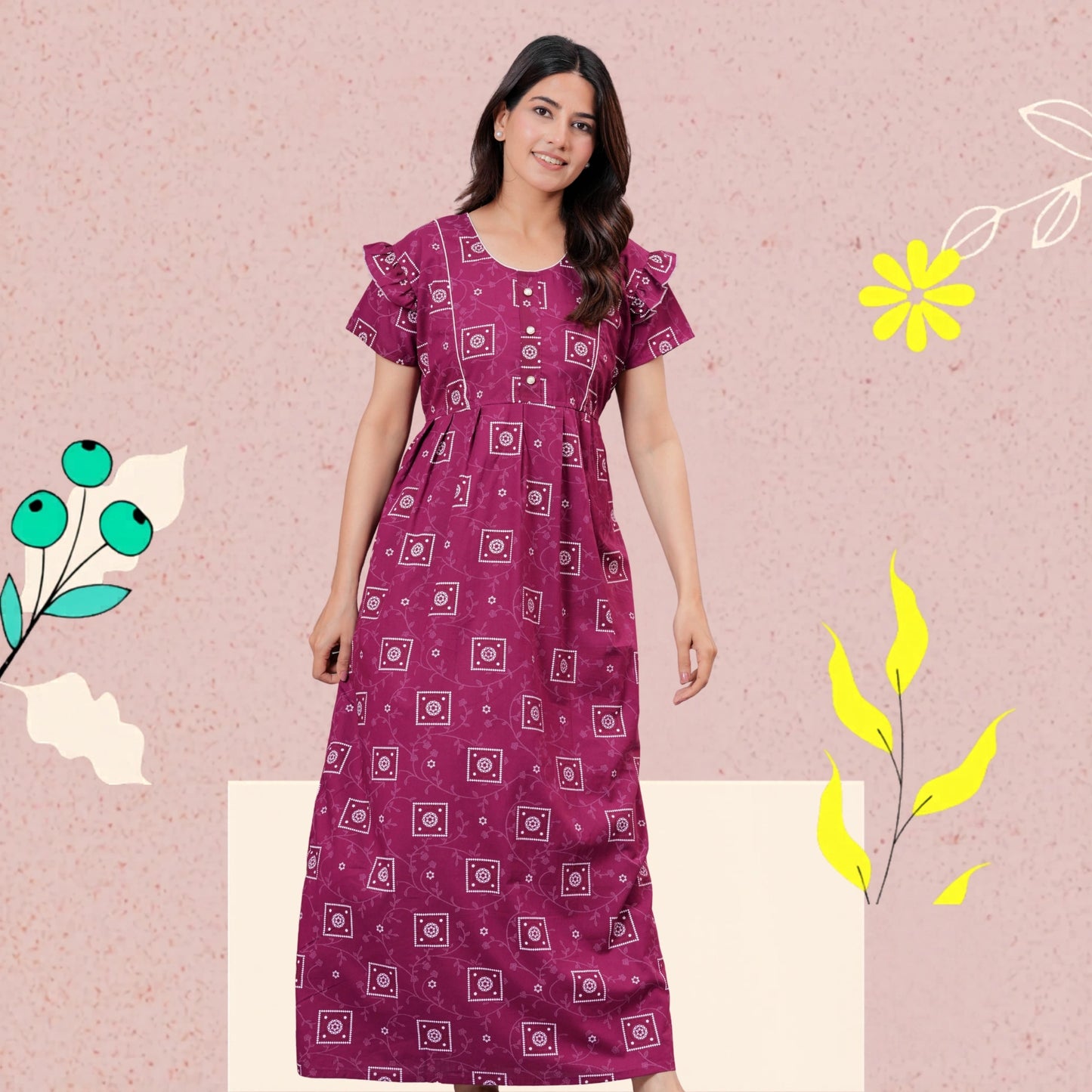 HARGUN NIGHT WEAR Women's Cotton Maxi Nighty, Printed, Ruffle Sleeves, Round Neck, All Day Comfort (MEGENTA, XL)