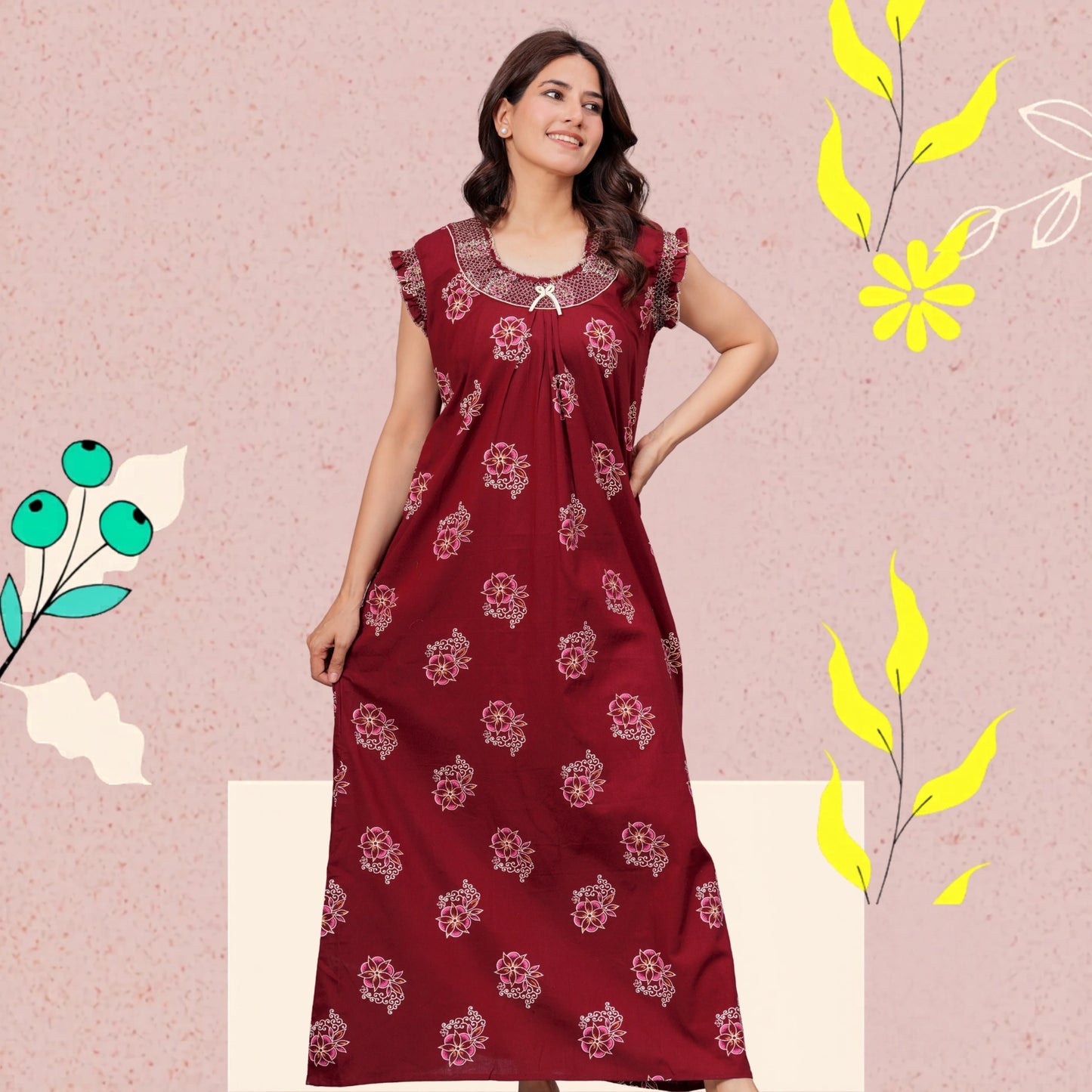 HARGUN NIGHT WEAR Cotton Nightgown for Women | Stylish Nighty Maxi Nightwear Floral Gown for Women Night Wear with Pocket (Maroon, XL)