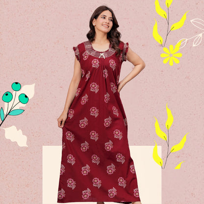 HARGUN NIGHT WEAR Cotton Nightgown for Women | Stylish Nighty Maxi Nightwear Floral Gown for Women Night Wear with Pocket (Maroon, XL)