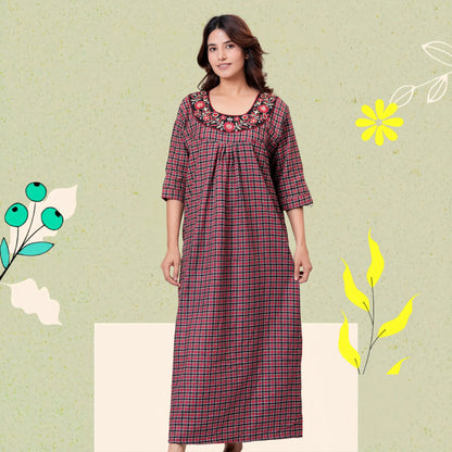 Woman wearing HARGUN brown cots wool winter nightgown with full sleeves.