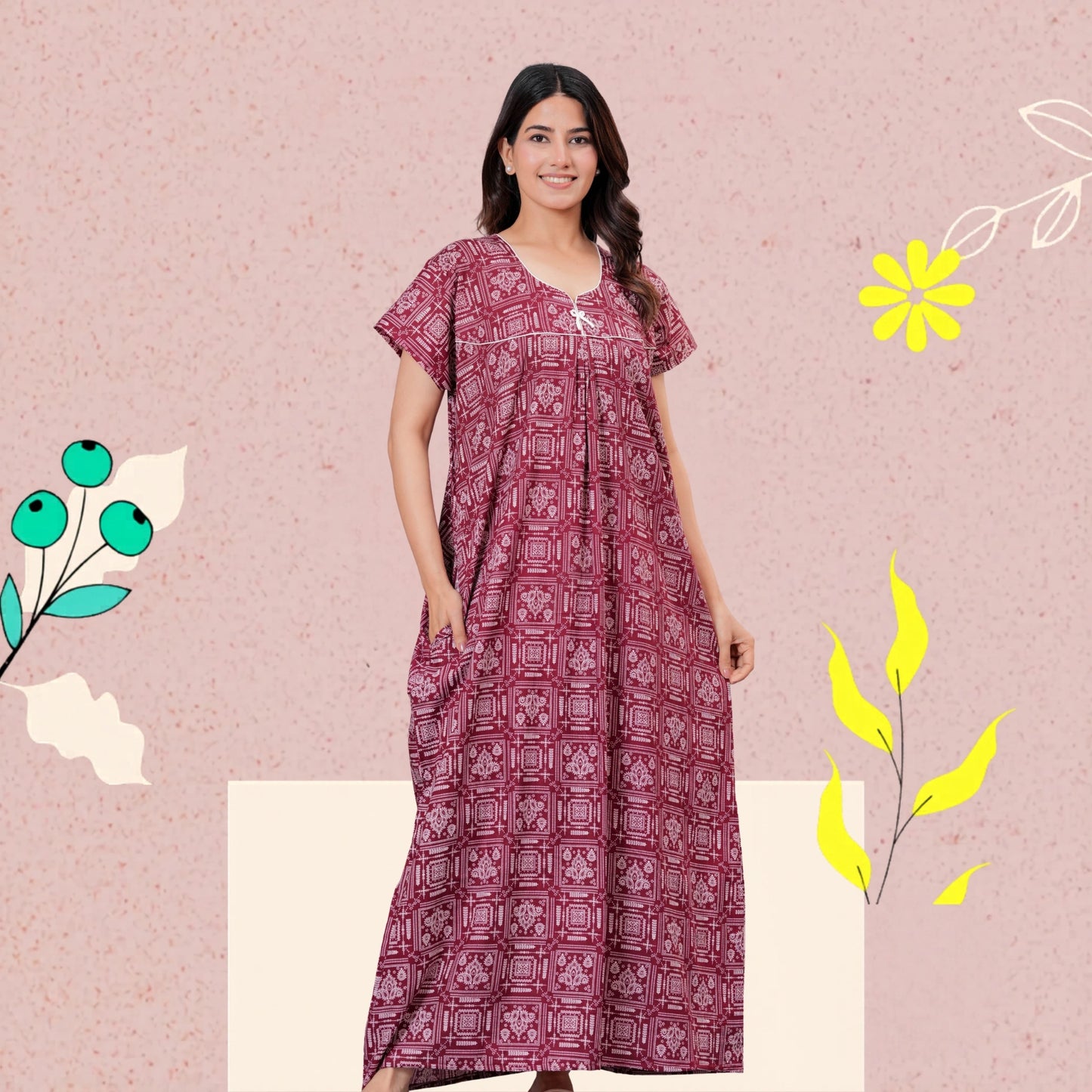Women's Cotton Maxi Nighty, Geometric Print, Short Sleeve, Full Length Night Dress (MEGENTA, XL)