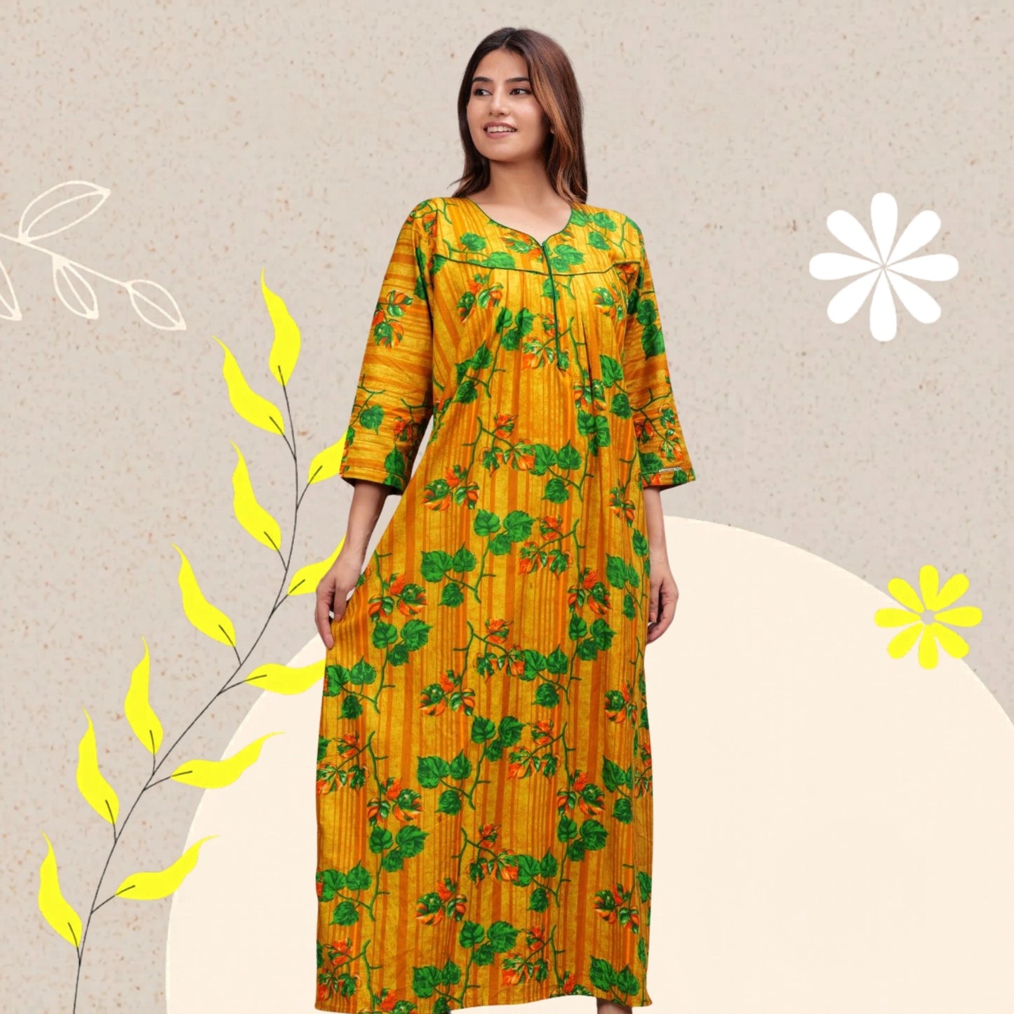 Full Sleeves Nighty Cotton Nightgown for Women(Yellow, Pack of 1)