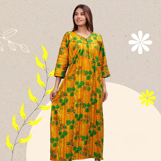 Full Sleeves Nighty Cotton Nightgown for Women(Yellow, Pack of 1)