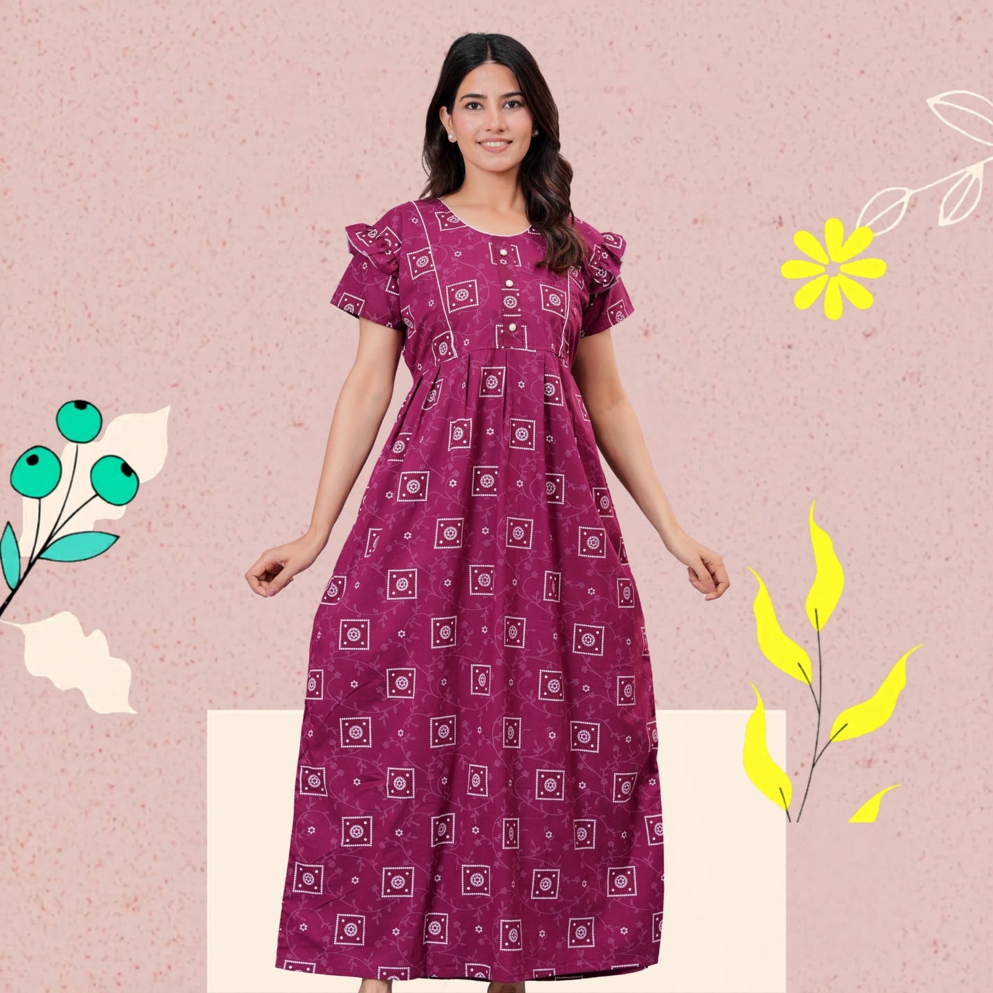 HARGUN NIGHT WEAR Women's Cotton Maxi Nighty, Printed, Ruffle Sleeves, Round Neck, All Day Comfort (MEGENTA, XL)