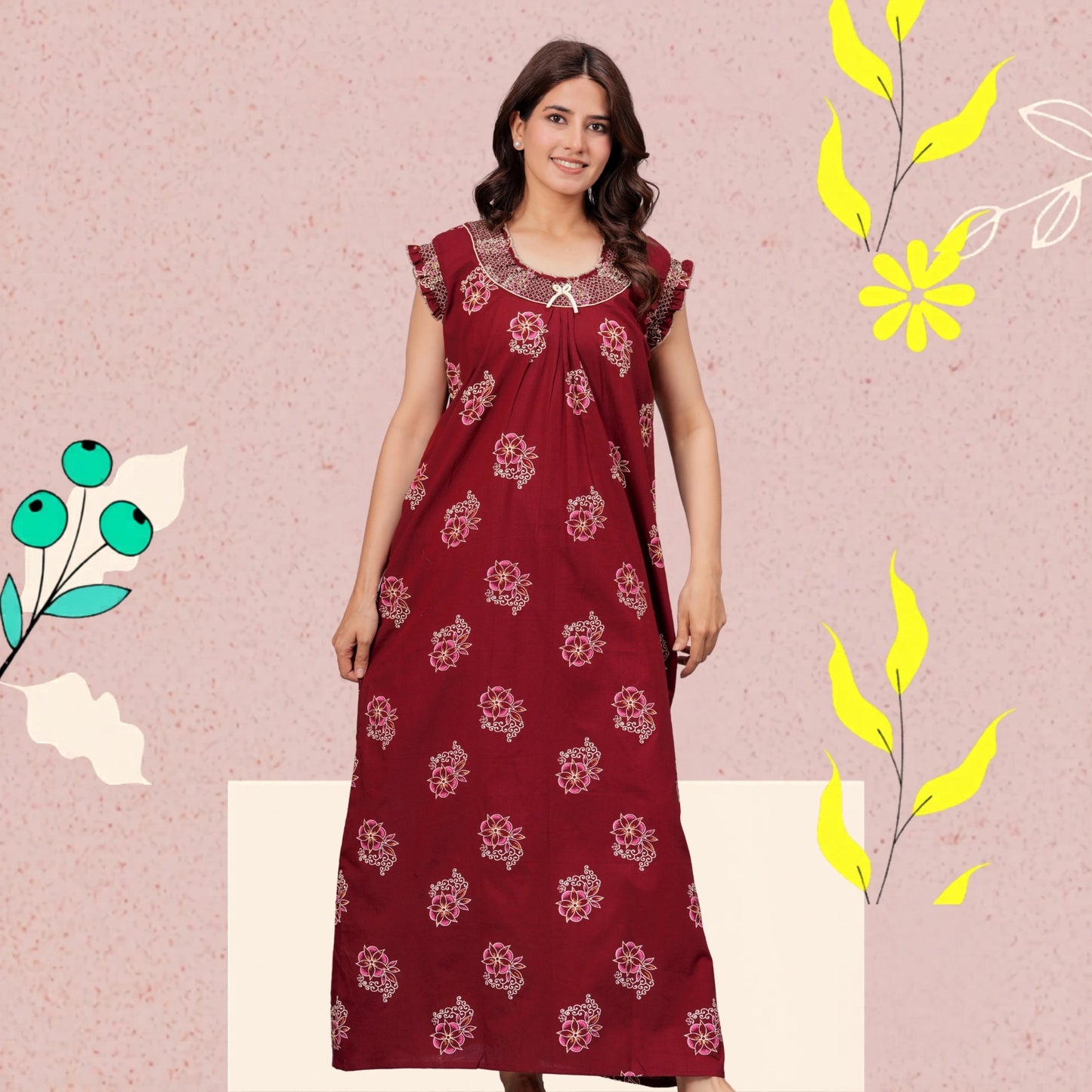 HARGUN NIGHT WEAR Cotton Nightgown for Women | Stylish Nighty Maxi Nightwear Floral Gown for Women Night Wear with Pocket (Maroon, XL)