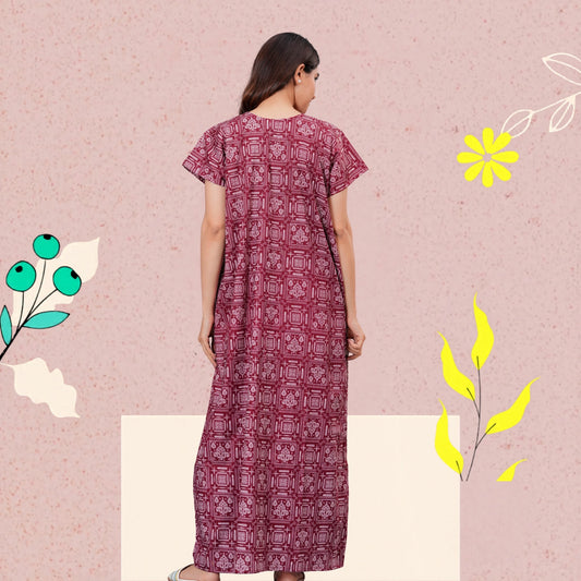 Women's Cotton Maxi Nighty, Geometric Print, Short Sleeve, Full Length Night Dress (MEGENTA, XL)