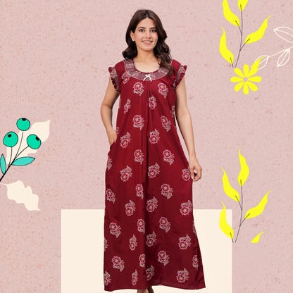 HARGUN NIGHT WEAR Cotton Nightgown for Women | Stylish Nighty Maxi Nightwear Floral Gown for Women Night Wear with Pocket (Maroon, XL)