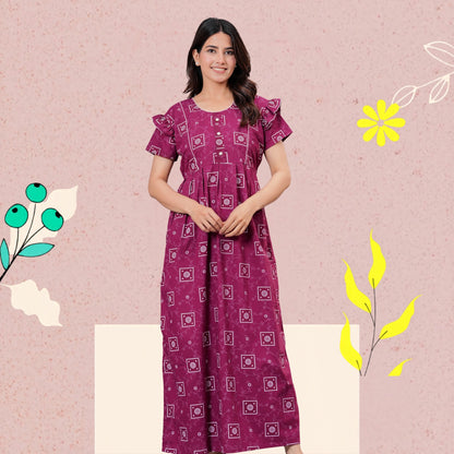 HARGUN NIGHT WEAR Women's Cotton Maxi Nighty, Printed, Ruffle Sleeves, Round Neck, All Day Comfort (MEGENTA, XL)