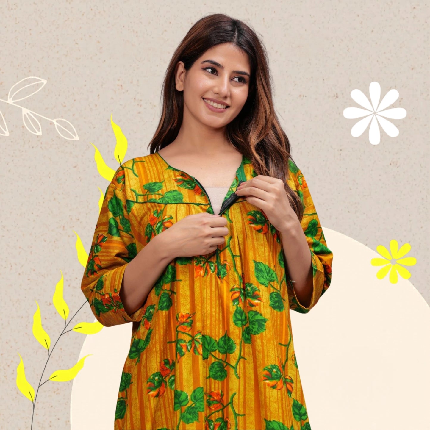 Full Sleeves Nighty Cotton Nightgown for Women(Yellow, Pack of 1)