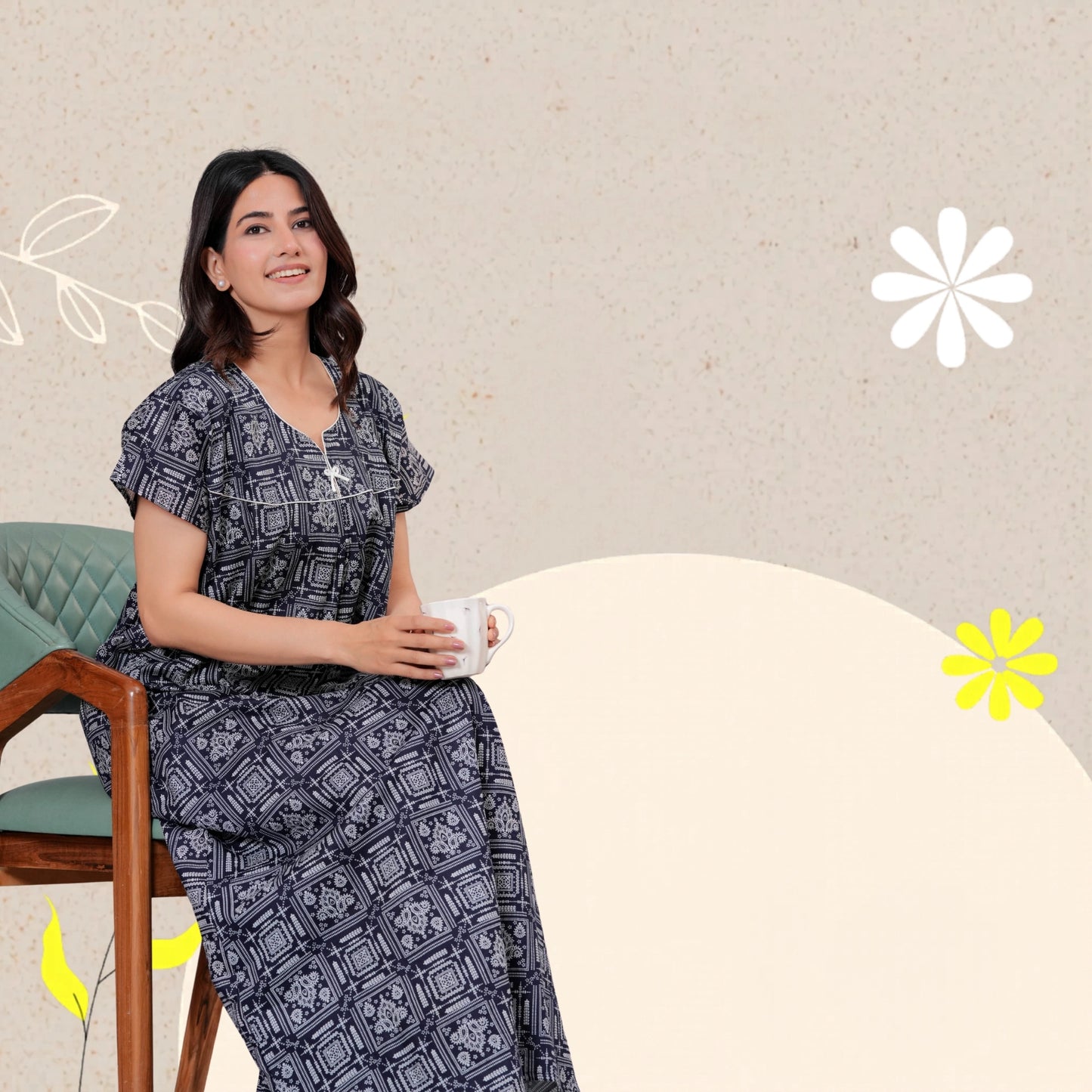 Women's Cotton Maxi Nighty, Geometric Print, Short Sleeve, Full Length Night Dress (Navy Blue, XL)