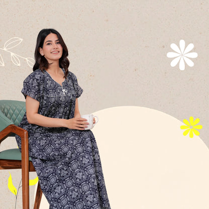 Women's Cotton Maxi Nighty, Geometric Print, Short Sleeve, Full Length Night Dress (Navy Blue, XL)
