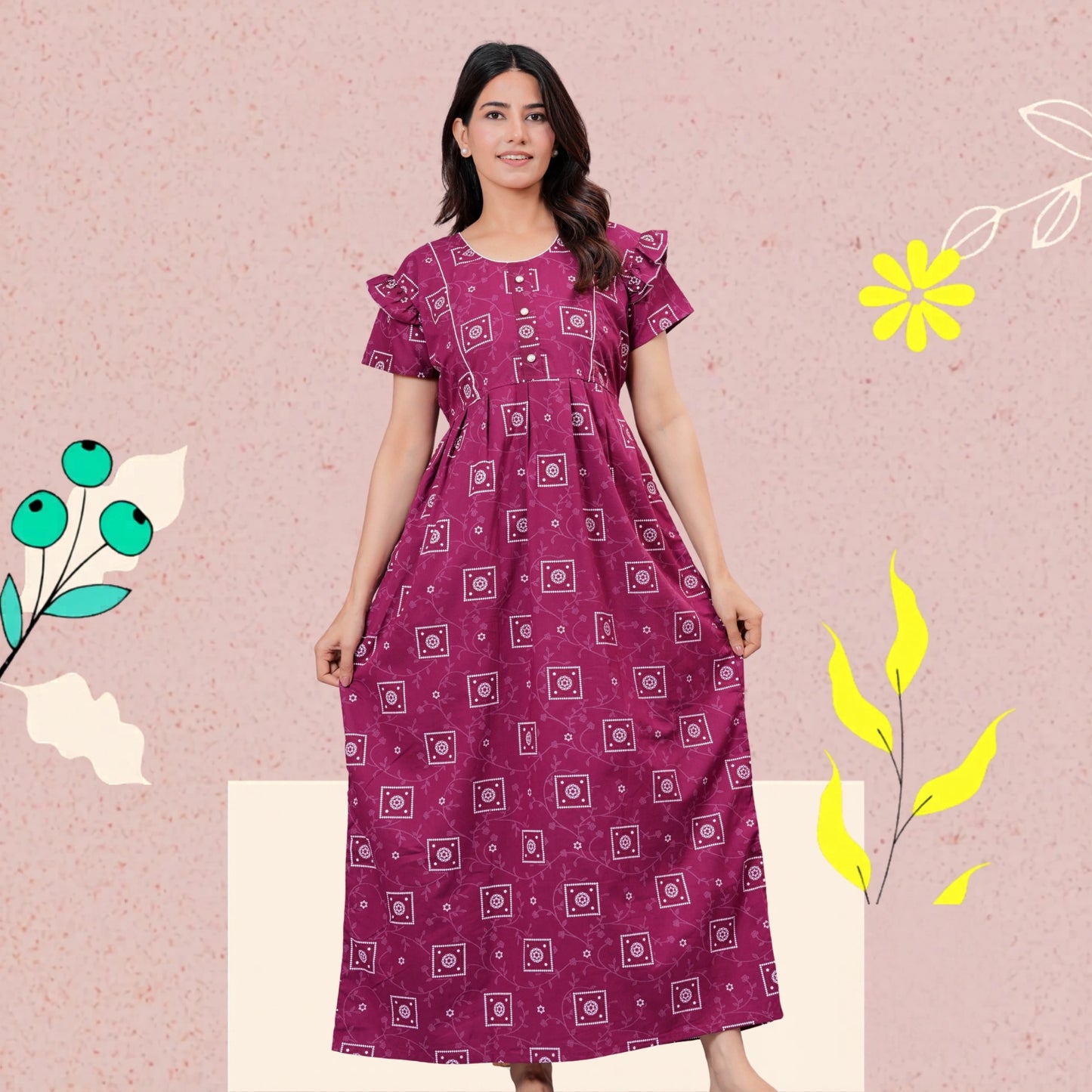 HARGUN NIGHT WEAR Women's Cotton Maxi Nighty, Printed, Ruffle Sleeves, Round Neck, All Day Comfort (MEGENTA, XL)