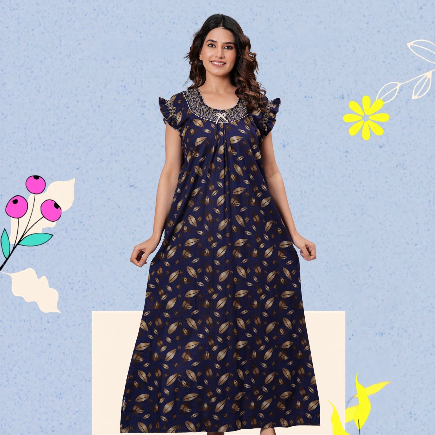 HARGUN NIGHT WEAR Women's Elegant Cotton Nightgown with Pocket & Embroidered Neck Design (Navy Blue, Free Size)