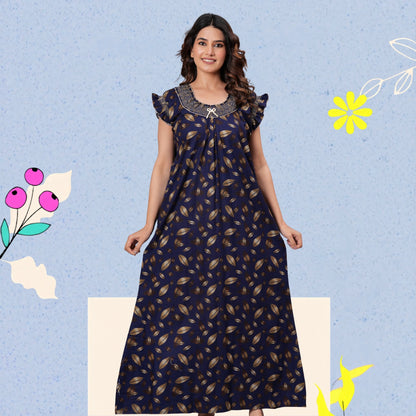 HARGUN NIGHT WEAR Women's Elegant Cotton Nightgown with Pocket & Embroidered Neck Design (Navy Blue, Free Size)