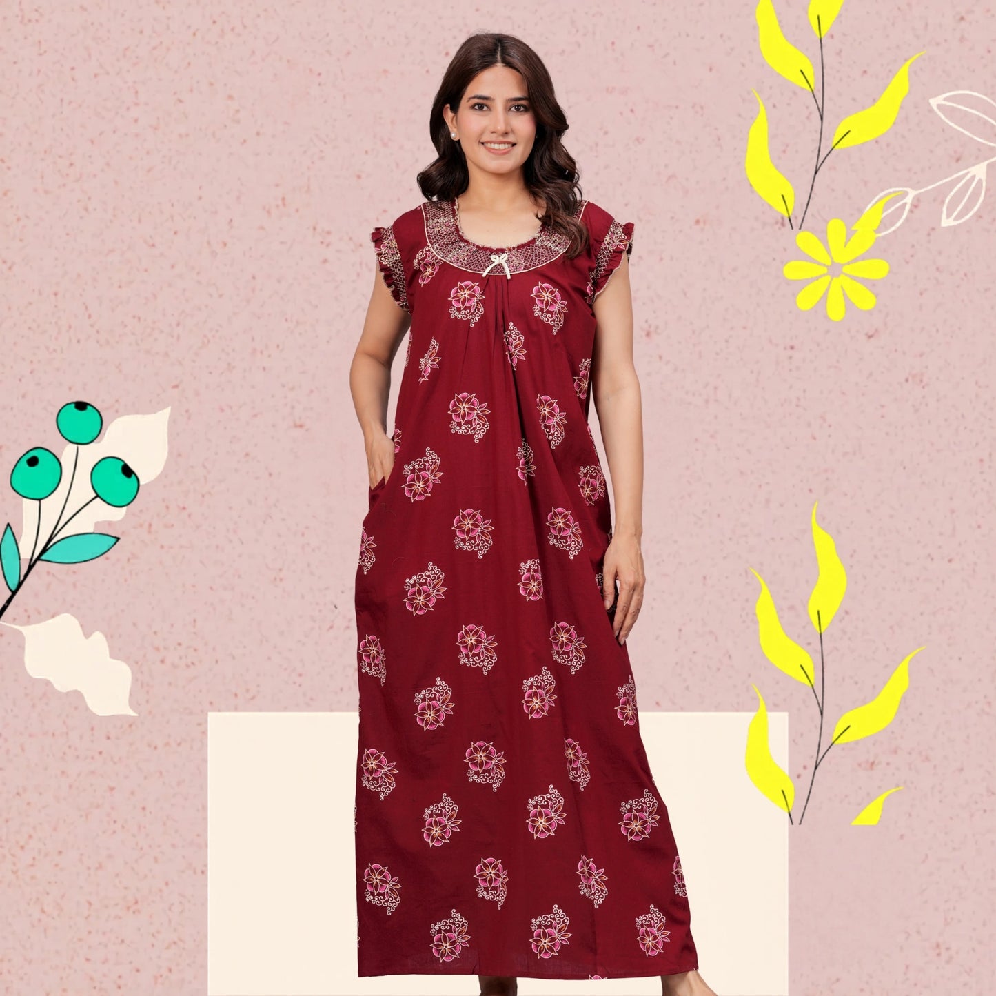 HARGUN NIGHT WEAR Cotton Nightgown for Women | Stylish Nighty Maxi Nightwear Floral Gown for Women Night Wear with Pocket (Maroon, XL)