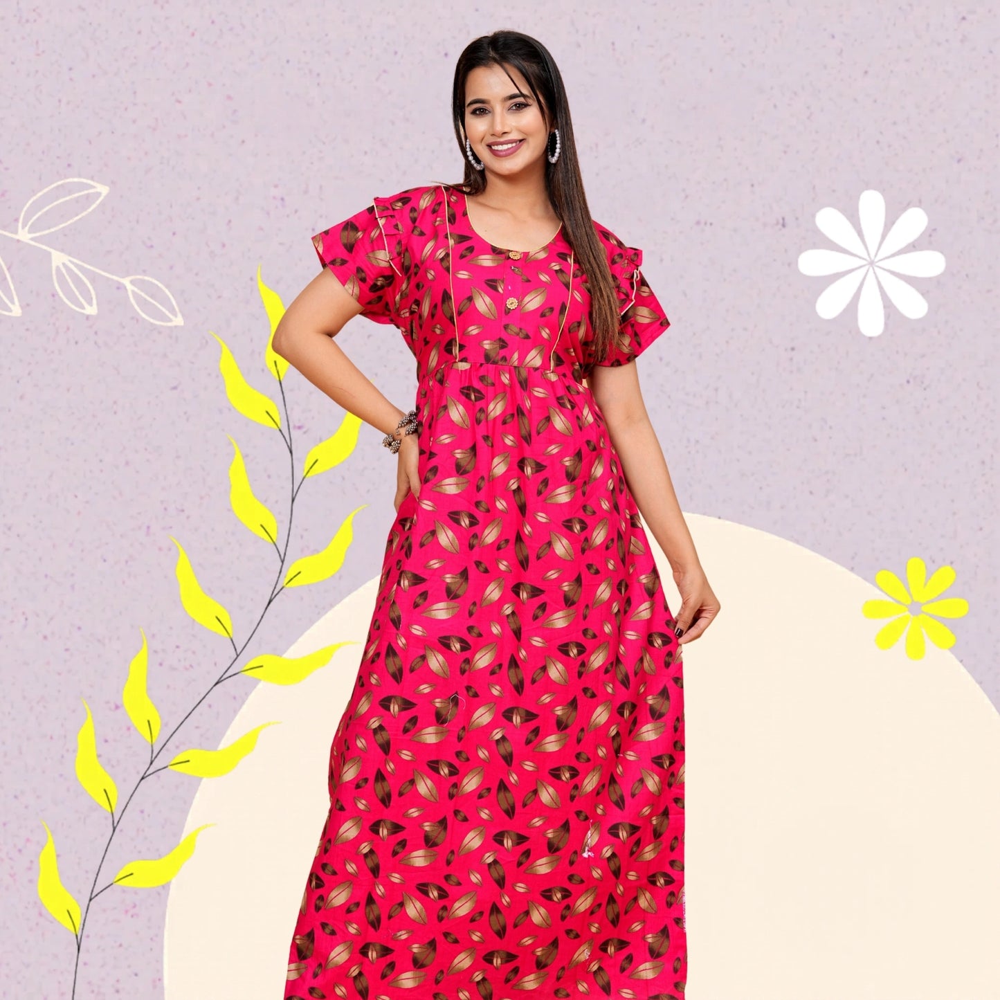 Women Cotton Maxi Floral Print Nightgown (Dark Pink/Raani Pink)