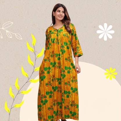 Full Sleeves Nighty Cotton Nightgown for Women(Yellow, Pack of 1)