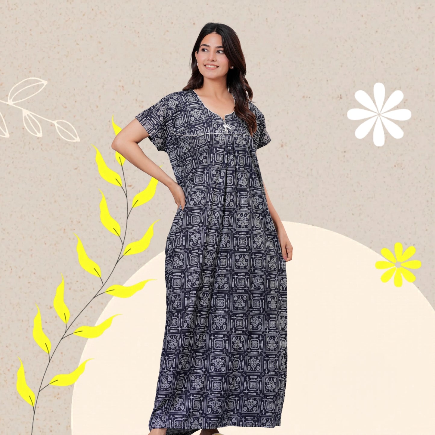 Women's Cotton Maxi Nighty, Geometric Print, Short Sleeve, Full Length Night Dress (Navy Blue, XL)