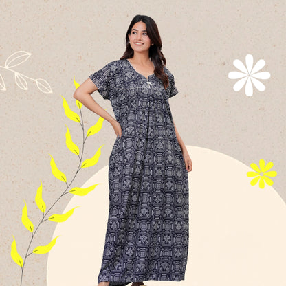 Women's Cotton Maxi Nighty, Geometric Print, Short Sleeve, Full Length Night Dress (Navy Blue, XL)
