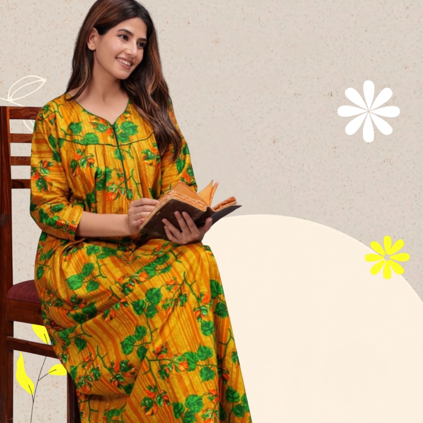 Full Sleeves Nighty Cotton Nightgown for Women(Yellow, Pack of 1)