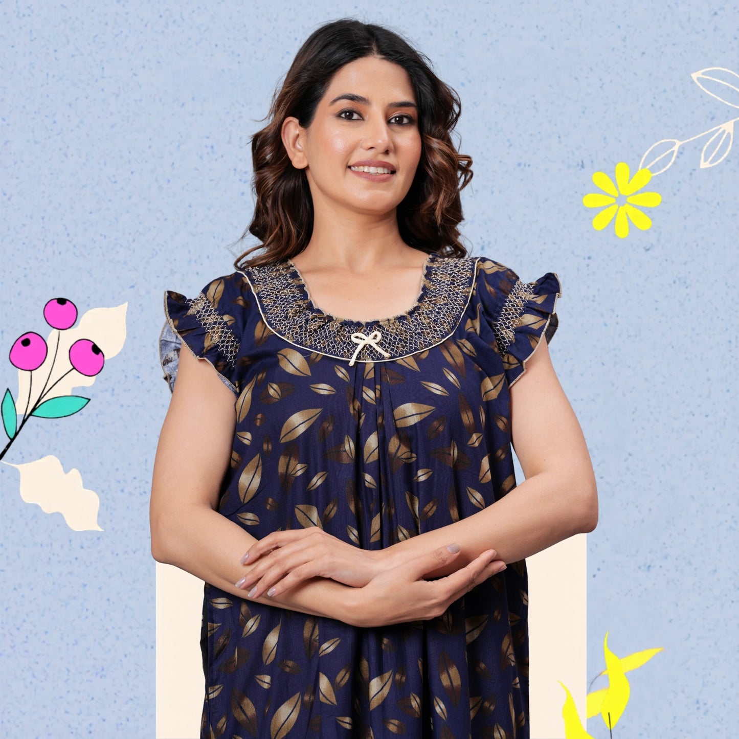 HARGUN NIGHT WEAR Women's Elegant Cotton Nightgown with Pocket & Embroidered Neck Design (Navy Blue, Free Size)