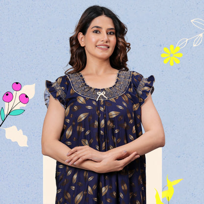 HARGUN NIGHT WEAR Women's Elegant Cotton Nightgown with Pocket & Embroidered Neck Design (Navy Blue, Free Size)