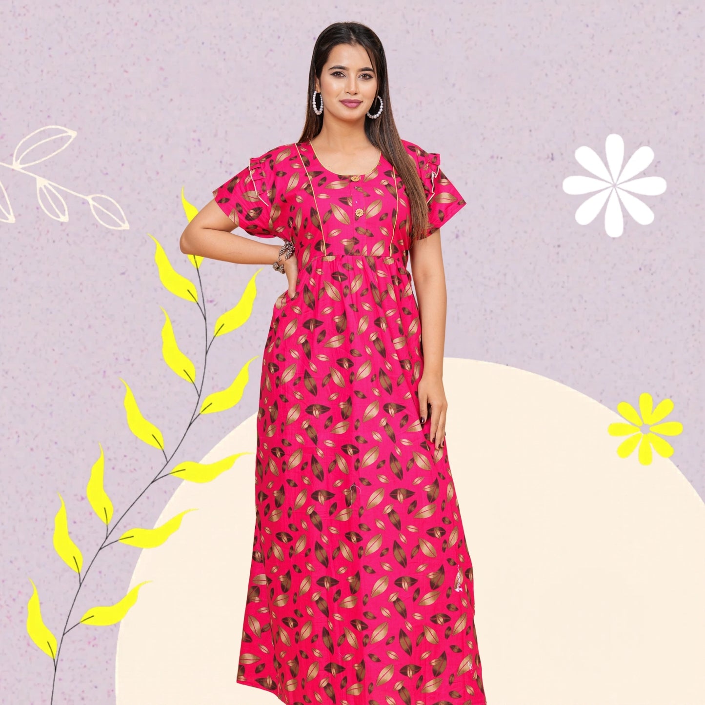 Women Cotton Maxi Floral Print Nightgown (Dark Pink/Raani Pink)