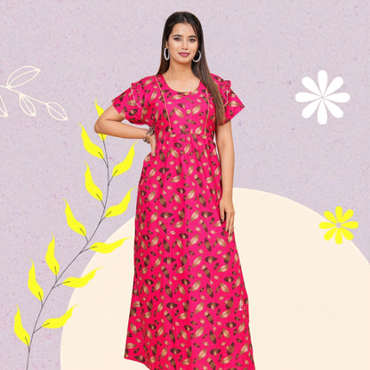 Women Cotton Maxi Floral Print Nightgown (Dark Pink/Raani Pink)