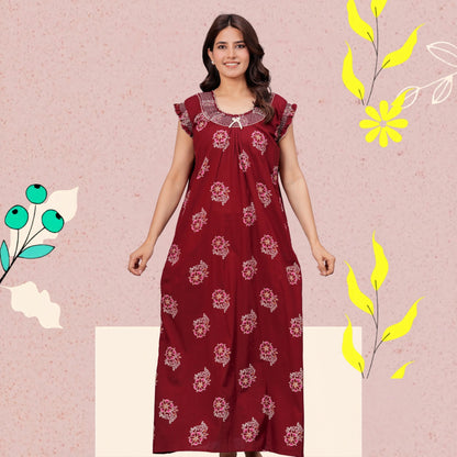HARGUN NIGHT WEAR Cotton Nightgown for Women | Stylish Nighty Maxi Nightwear Floral Gown for Women Night Wear with Pocket (Maroon, XL)