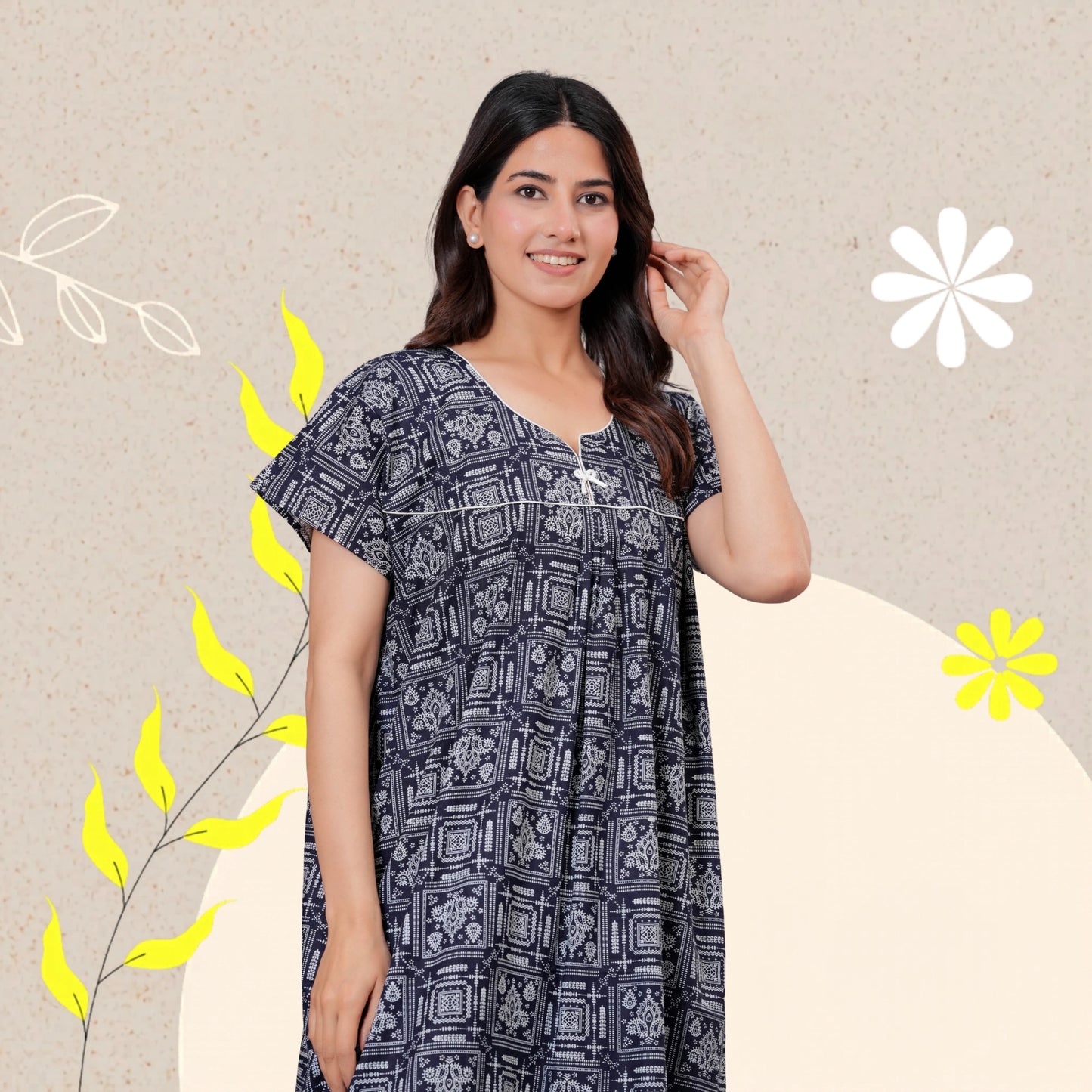 Women's Cotton Maxi Nighty, Geometric Print, Short Sleeve, Full Length Night Dress (Navy Blue, XL)