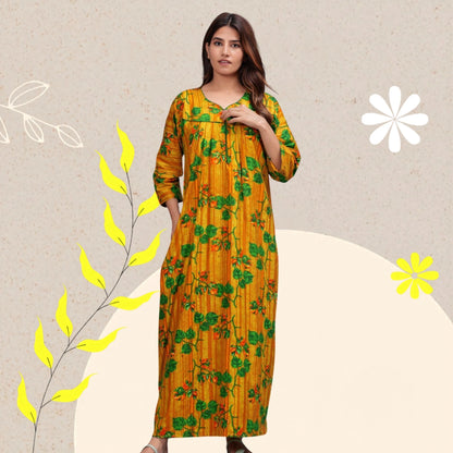 Full Sleeves Nighty Cotton Nightgown for Women(Yellow, Pack of 1)
