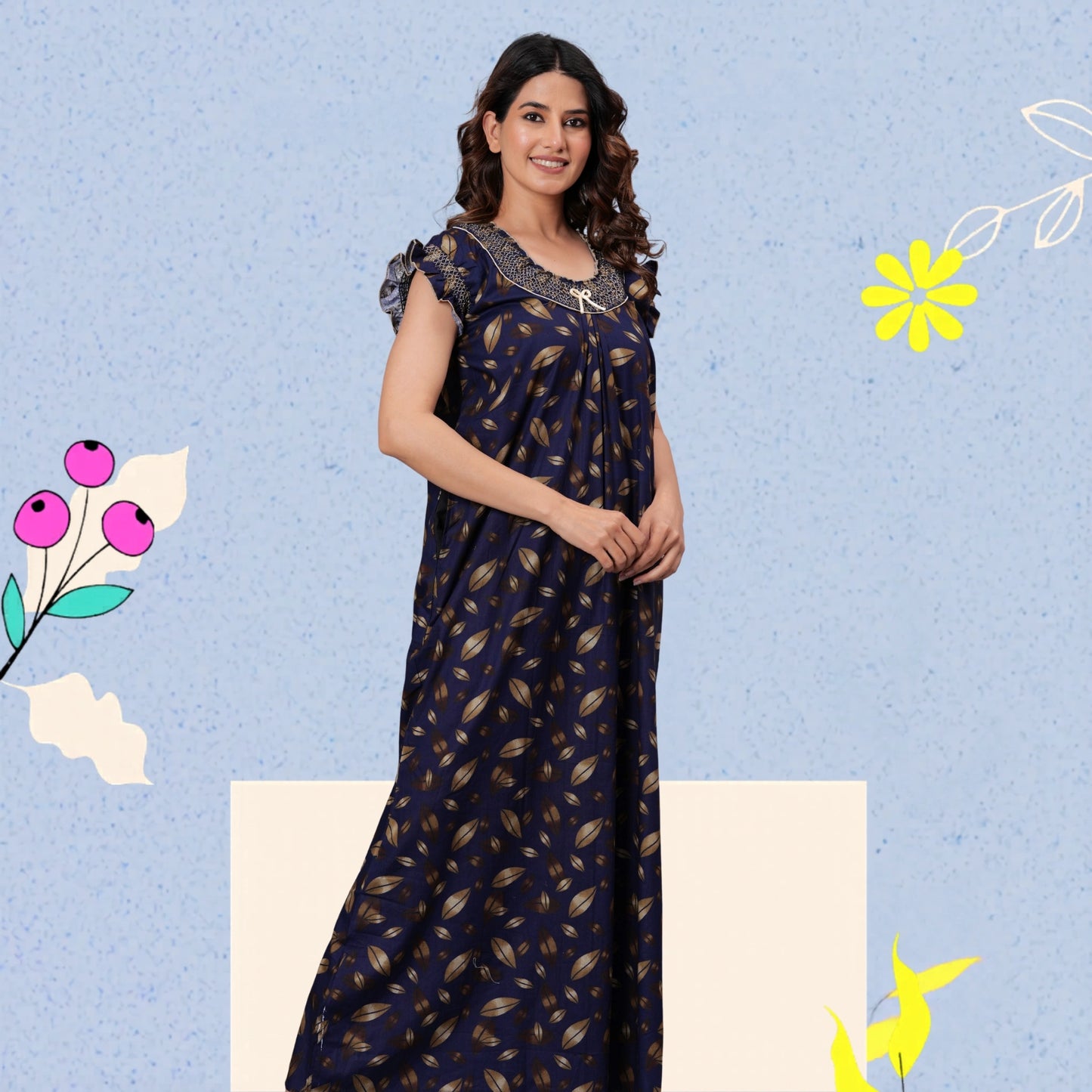 HARGUN NIGHT WEAR Women's Elegant Cotton Nightgown with Pocket & Embroidered Neck Design (Navy Blue, Free Size)