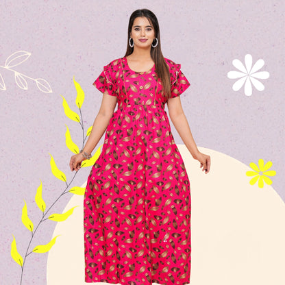 Women Cotton Maxi Floral Print Nightgown (Dark Pink/Raani Pink)