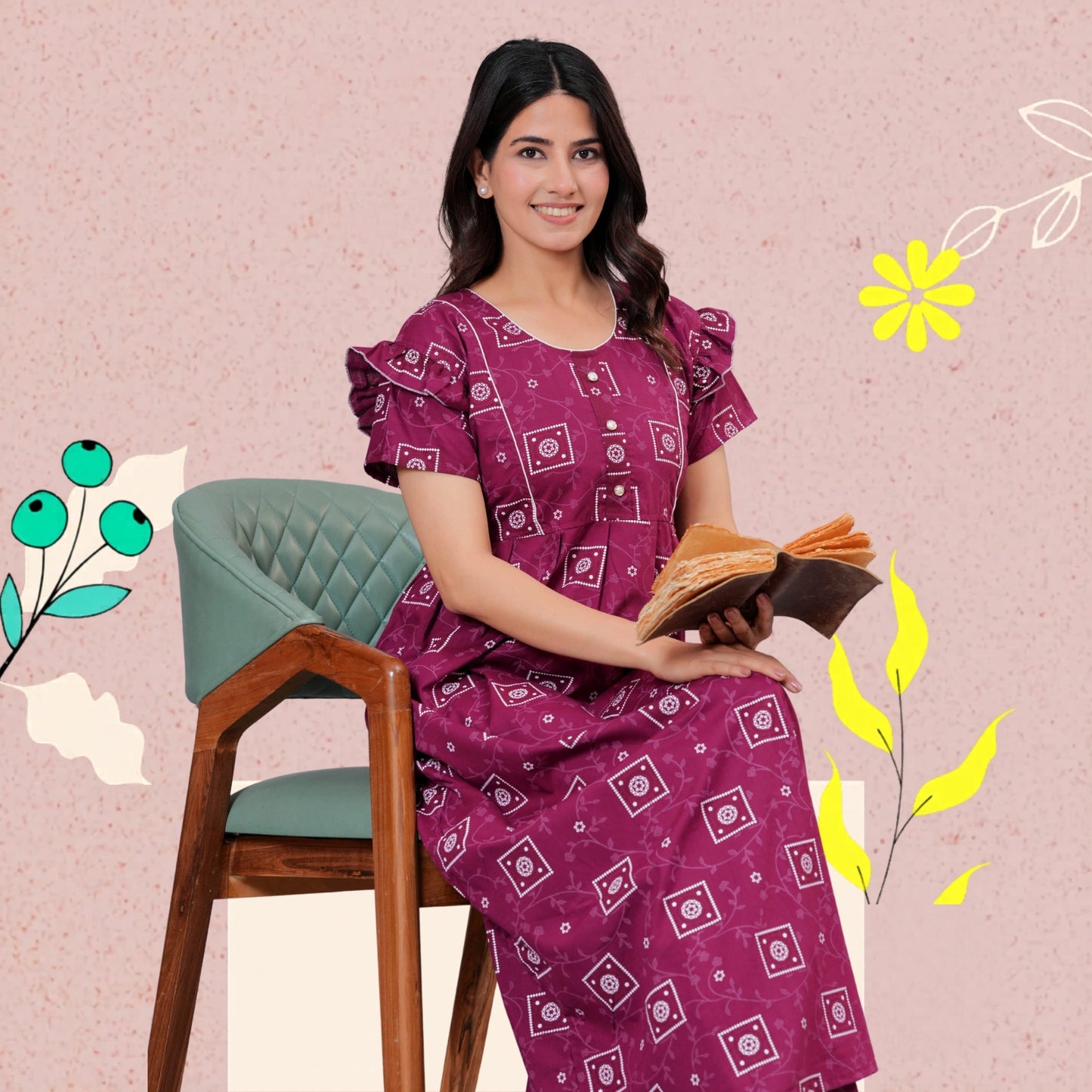 HARGUN NIGHT WEAR Women's Cotton Maxi Nighty, Printed, Ruffle Sleeves, Round Neck, All Day Comfort (MEGENTA, XL)