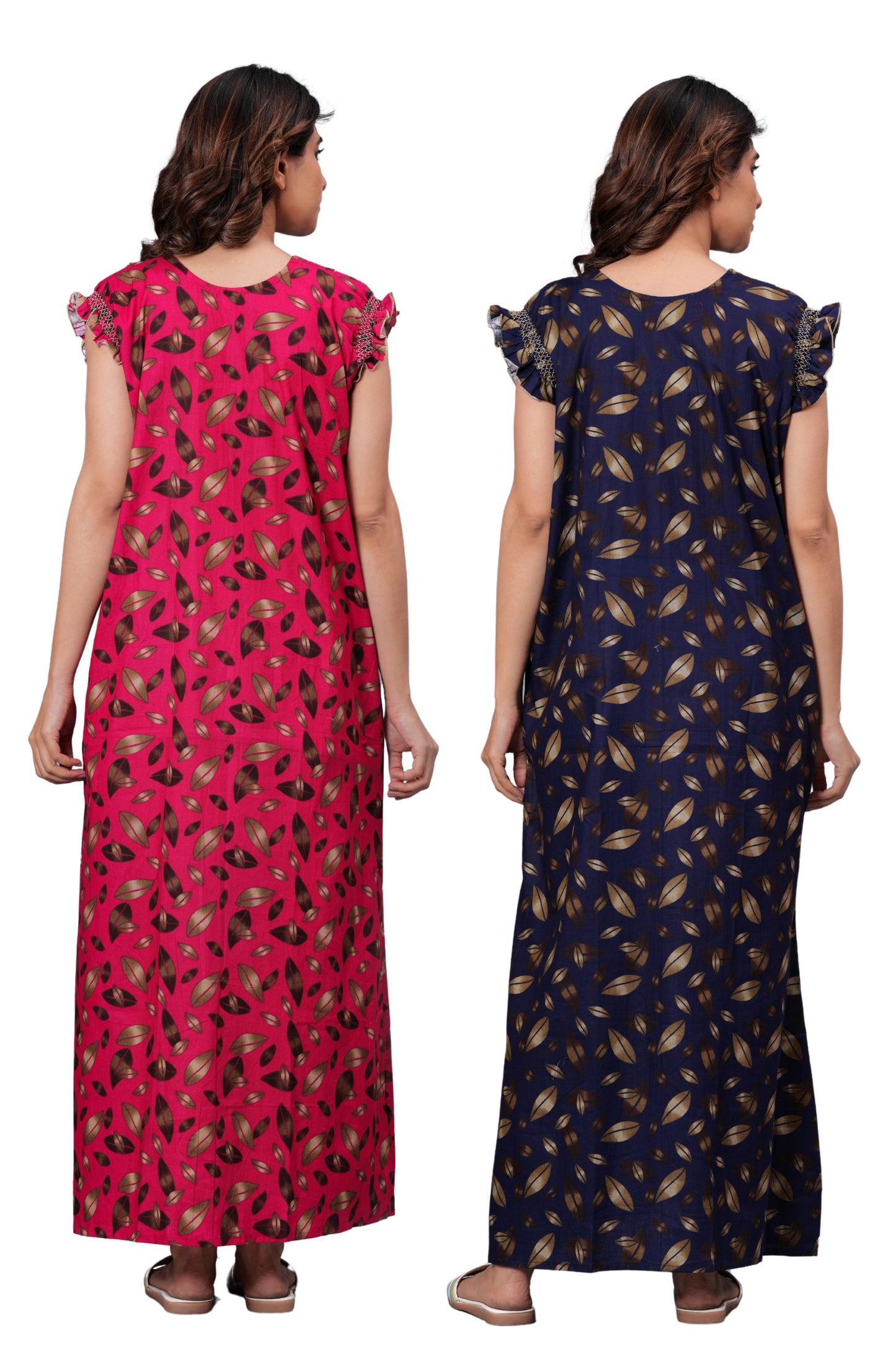 HARGUN Cotton Nightgown, Floral Print, Short Flutter Sleeves, Navy Blue and Gold, Full Length with Pockets (Combo, Free Size)