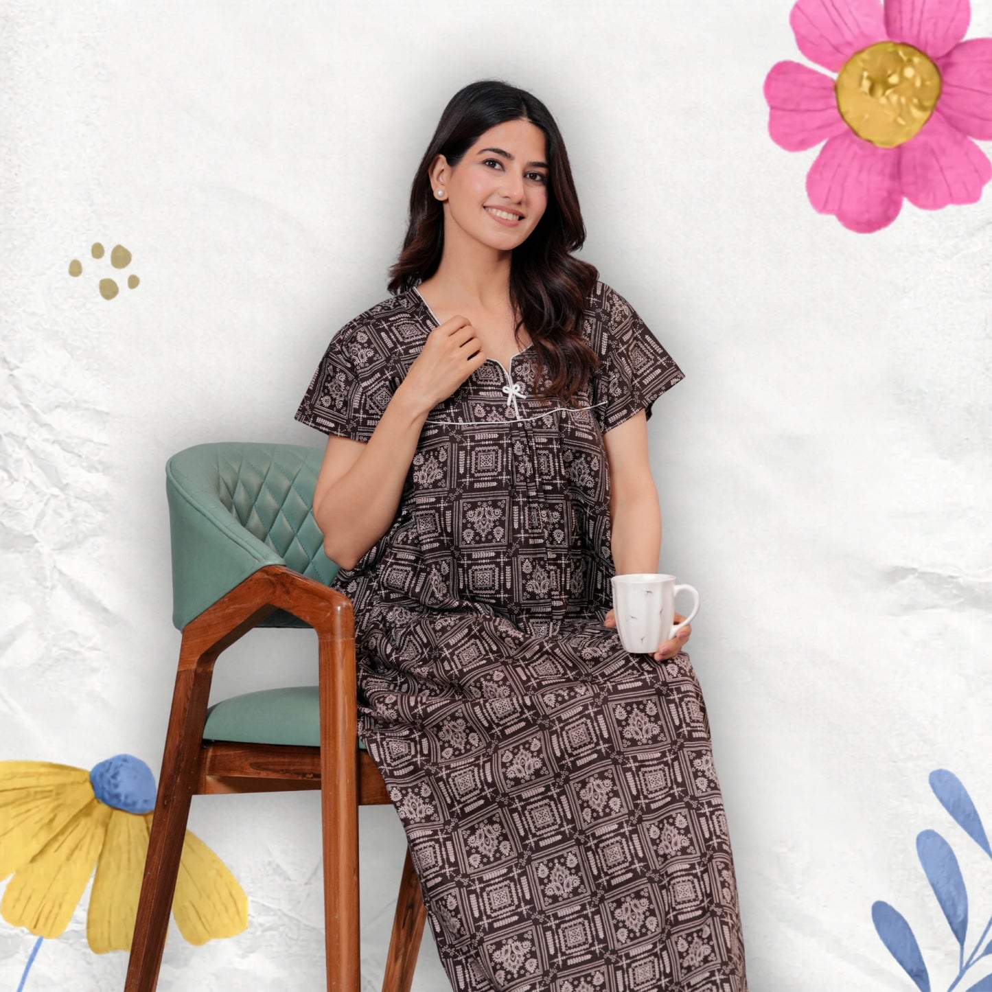 Women's Cotton Maxi Nighty, Geometric Print, Short Sleeve, Full Length Night Dress (Brown, XL)