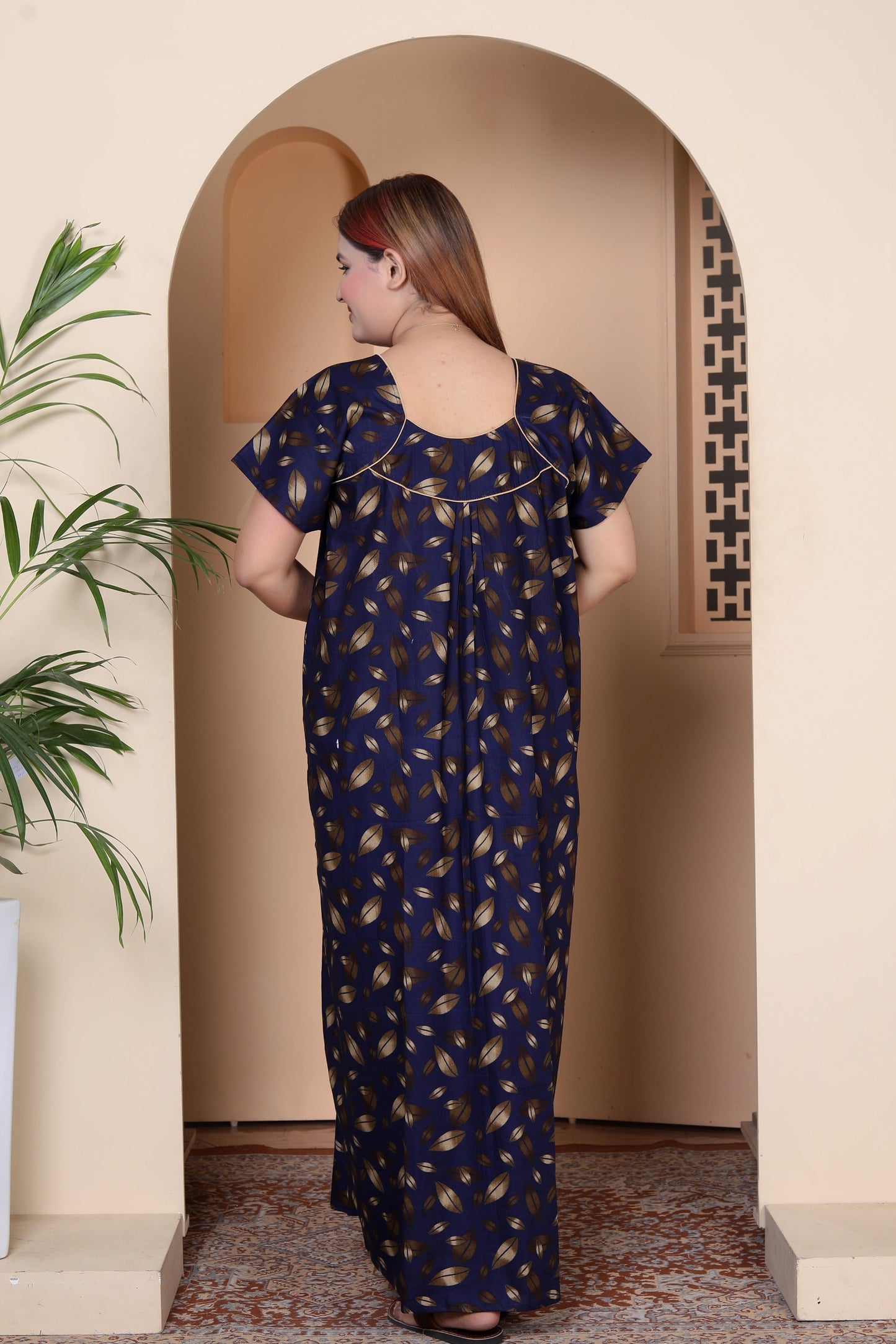 Short Sleeves Nightgown for Women, Cotton, Full Length,  (XL, Navy Blue, Dark Pink)