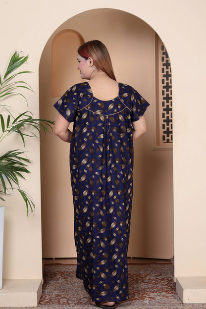 Short Sleeves Nightgown for Women, Cotton, Full Length,  (XL, Navy Blue, Dark Pink)