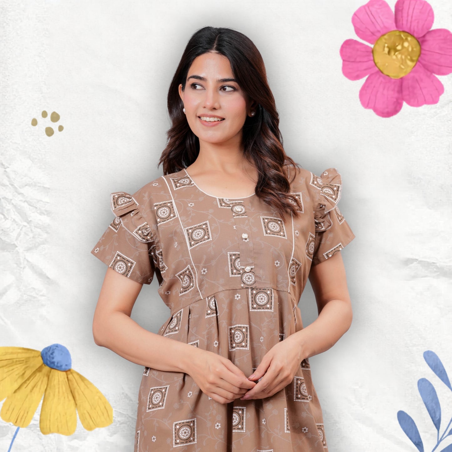HARGUN NIGHT WEAR Women's Cotton Maxi Nighty, Printed, Ruffle Sleeves, Round Neck, All Day Comfort (Beige, XL)
