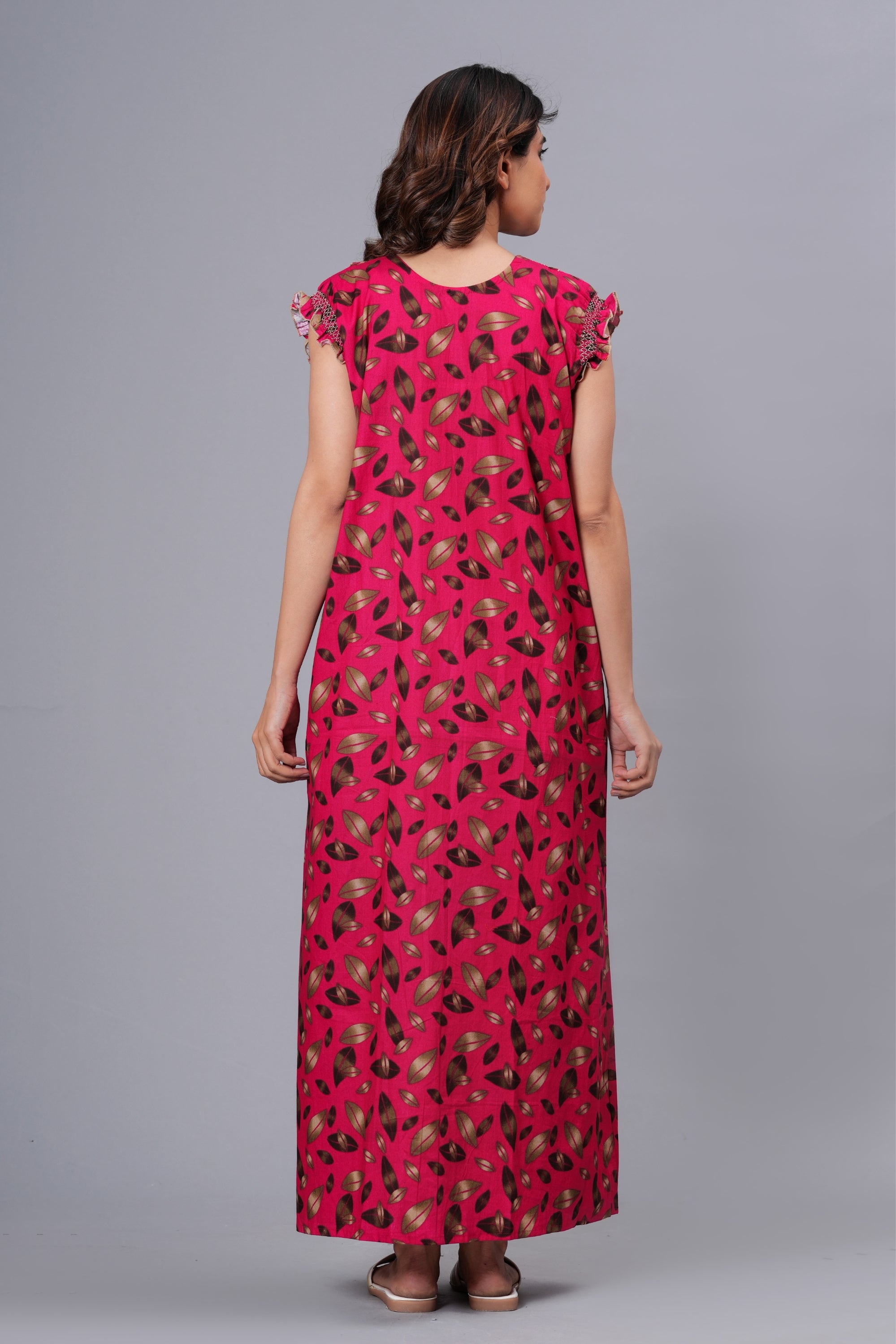 HARGUN Cotton Nightgown, Floral Print, Short Flutter Sleeves, Navy Blue and Gold, Full Length with Pockets (Combo, Free Size)