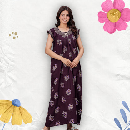 HARGUN NIGHT WEAR Cotton Nightgown for Women | Stylish Nighty Maxi Nightwear Floral Gown for Women Night Wear with Pocket (Purple, XL)