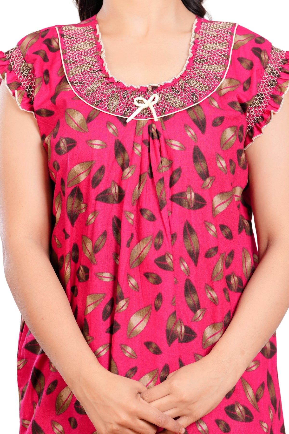 HARGUN NIGHT WEAR Women's Elegant Cotton Nightgown with Pocket & Embroidered Neck Design (Raani Pink, Free Size)