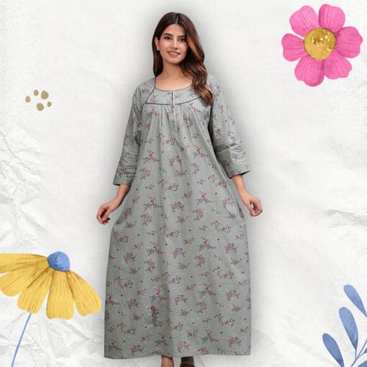 Cotton Full Sleeves Nightgown for Women (Cardamom Grey, XL)